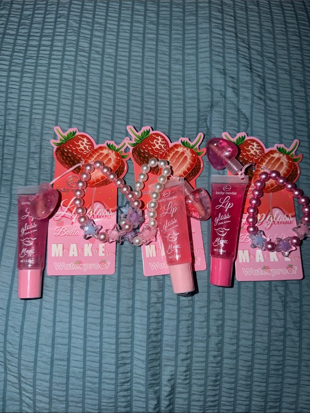 Kids Pink Strawberry Lip Gloss & Beaded Bracelet Set